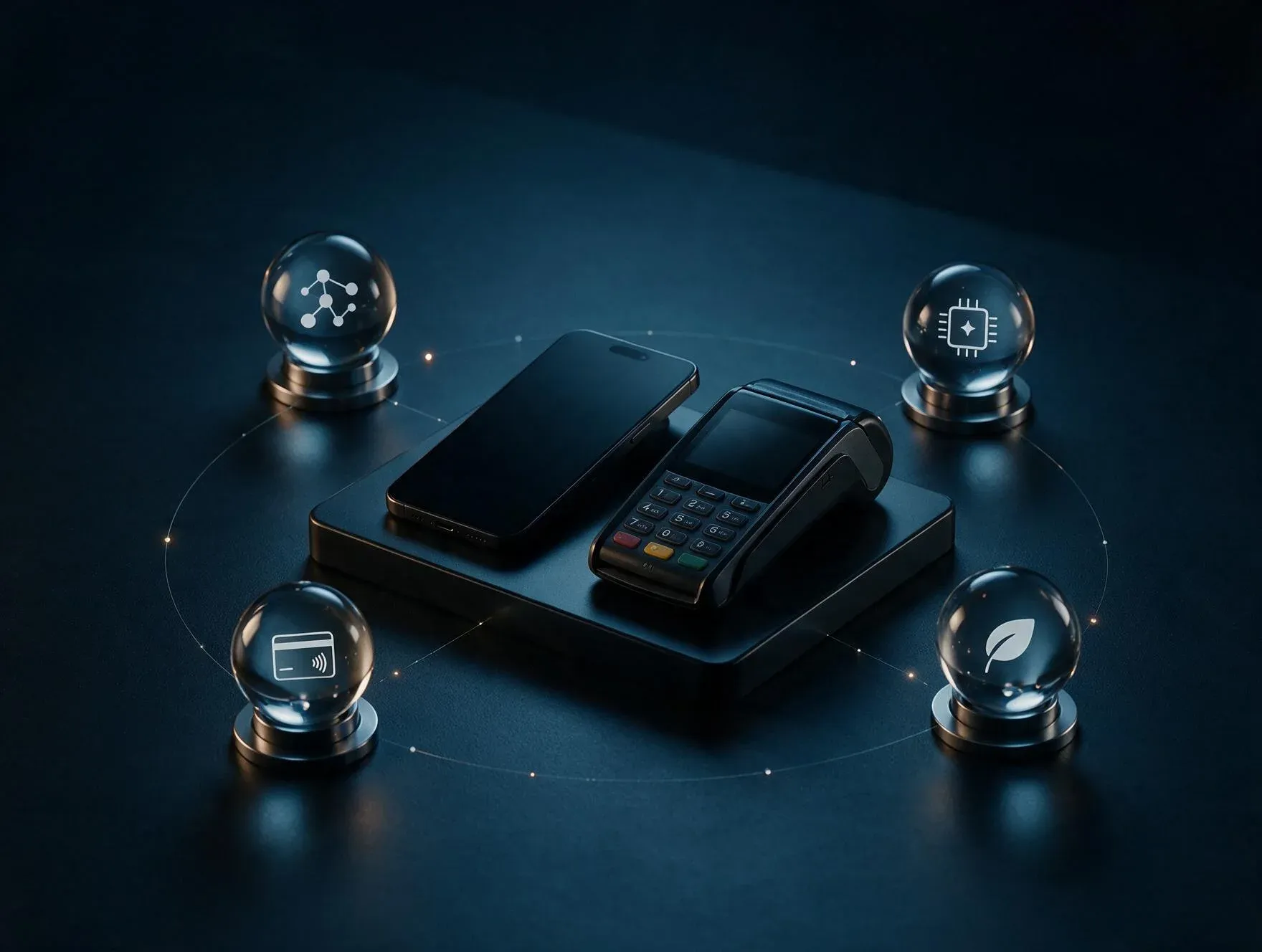 Celular e terminal de pagamento conectados a símbolos de ESG, finanças abertas, inteligência artificial e pagamentos digitais.