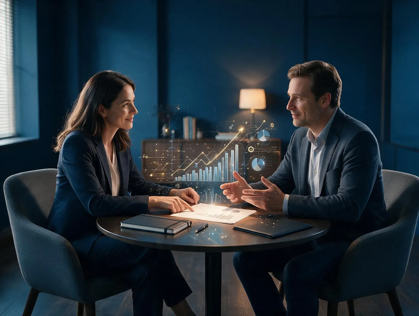 Consultora orienta um cliente durante uma conversa sobre planejamento financeiro.